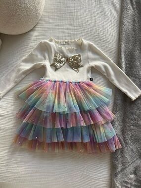 Ivory Long-Sleeve Dress with Pastel Rainbow Tiered Tulle Skirt